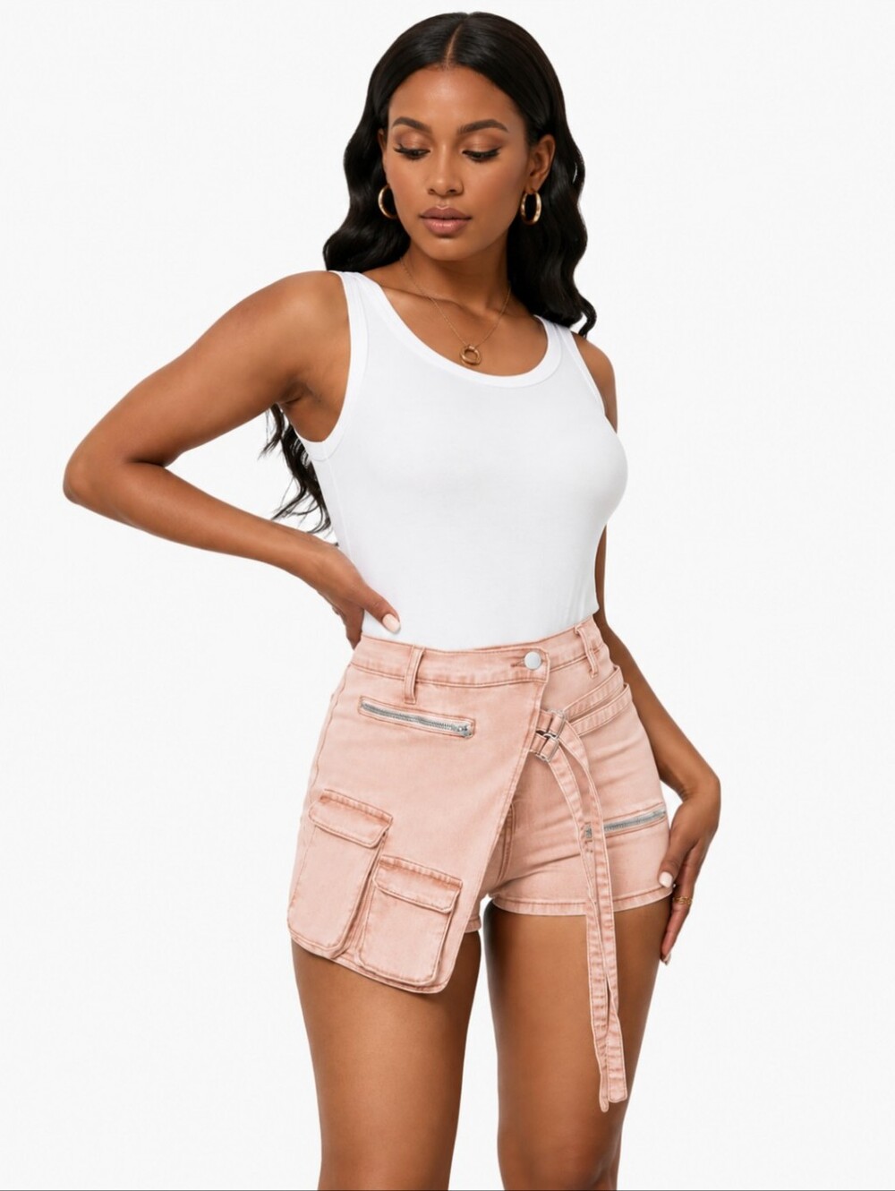 Blush Pink Jean Skorts Stretchy Denim Novelty Playful Shorts Pockets Sz M